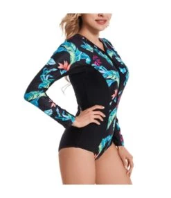 Leaf Print Long Sleeve Womens One Piece Swimsuit Athletic Sunscreen Zipper Surfing Wholesale Swimwear SSN533333