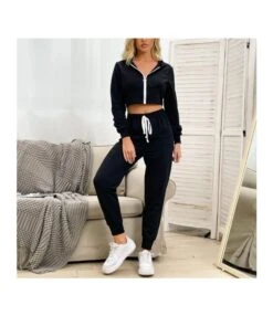 2PCS Zipper Drawstring Sweatsuits Set Wholesale Women Clothing SO200025