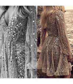 Sexy Long Sleeve Deep V Midi Dress Sheer Sequin Gowns Wholesale Dresses N5923081800028 -NIKA Clothing Shop 13356461589 985641810