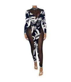 Sexy Autumn Abstract Fashion Print Mesh Stitching Womens Sweat Suits Cheap Wholesale Jumpsuits SJ180705