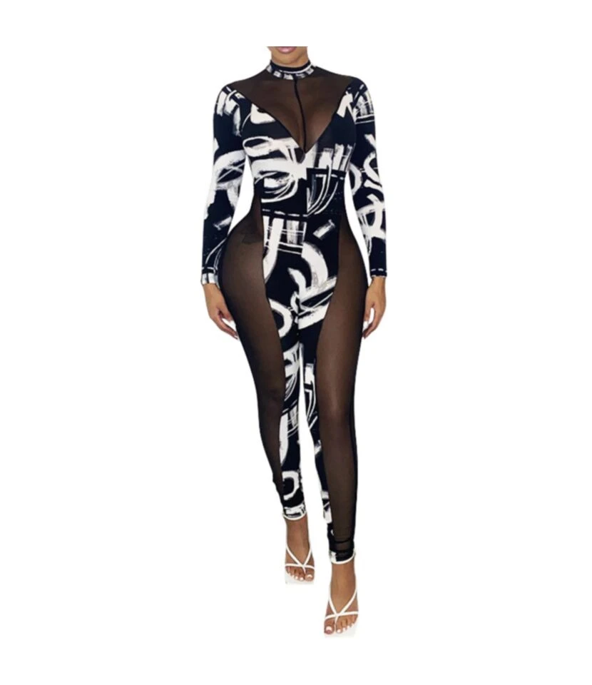 Sexy Autumn Abstract Fashion Print Mesh Stitching Womens Sweat Suits Cheap Wholesale Jumpsuits SJ180705 2 Sexy Autumn Abstract Fashion Print Mesh Stitching Womens Sweat Suits Cheap Wholesale Jumpsuits SJ180705