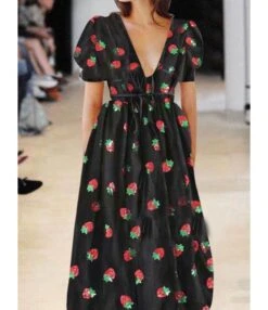 Deep V-neck Strawberry Pattern Lace-up Sequin Mesh Dress