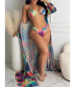 3-peices Tie-dye Bikini Swimsuit & Maxi Cover-up