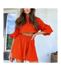 Balloon Sleeve Crop Tops & Pleated Shorts Casual Suits Wholesale Women'S 2 Piece Sets SON538644