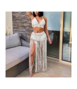 Beach Hollow Tassel Backless Solid Color Suit Wholesale Womens Clothing
