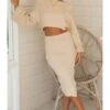 2-piece Solid Color Long Sleeve Knitted Crop Top And Split Knitting Skirt Set
