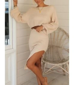 2-piece Solid Color Long Sleeve Knitted Crop Top And Split Knitting Skirt Set -NIKA Clothing Shop 200619726 2