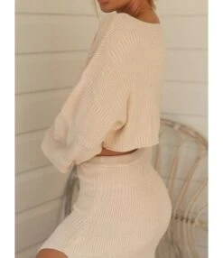 2-piece Solid Color Long Sleeve Knitted Crop Top And Split Knitting Skirt Set -NIKA Clothing Shop 200619726 3