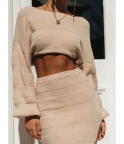 2-piece Solid Color Long Sleeve Knitted Crop Top And Split Knitting Skirt Set -NIKA Clothing Shop 200619726 5