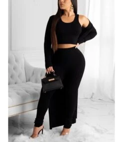 3-Piece Ribbed Knitted Tank Top Pants Match Cardigan Set