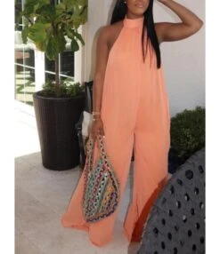 Backless Solid Color Wide-leg Mesh Halter Jumpsuit