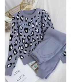 2-piece Knitted Leopard Sweater & Drawstring Pants Set