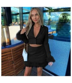 Hairy Long Sleeve Sexy Navel Blazers & Tight Skirt Fashion Suits Wholesale Women'S 2 Piece Sets SON536724 -NIKA Clothing Shop 20220908024830819 1