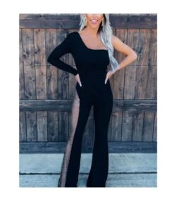 Mesh Stitching Rhinestone One-Shoulder Flared Women Jump-Suits Wholesale Jumpsuit SJ5118139