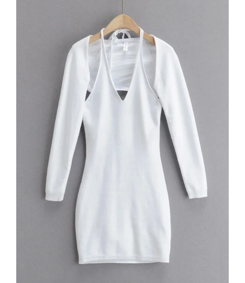 Two Pieces Jersey Set Crop Cardigan With Backless Halter Dress 3 Two Pieces Jersey Set Crop Cardigan With Backless Halter Dress