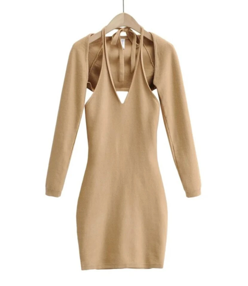 Two Pieces Jersey Set Crop Cardigan With Backless Halter Dress 8 Two Pieces Jersey Set Crop Cardigan With Backless Halter Dress - Image 6