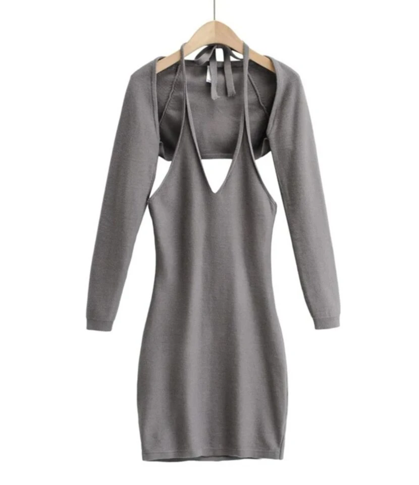 Two Pieces Jersey Set Crop Cardigan With Backless Halter Dress 5 Two Pieces Jersey Set Crop Cardigan With Backless Halter Dress - Image 3