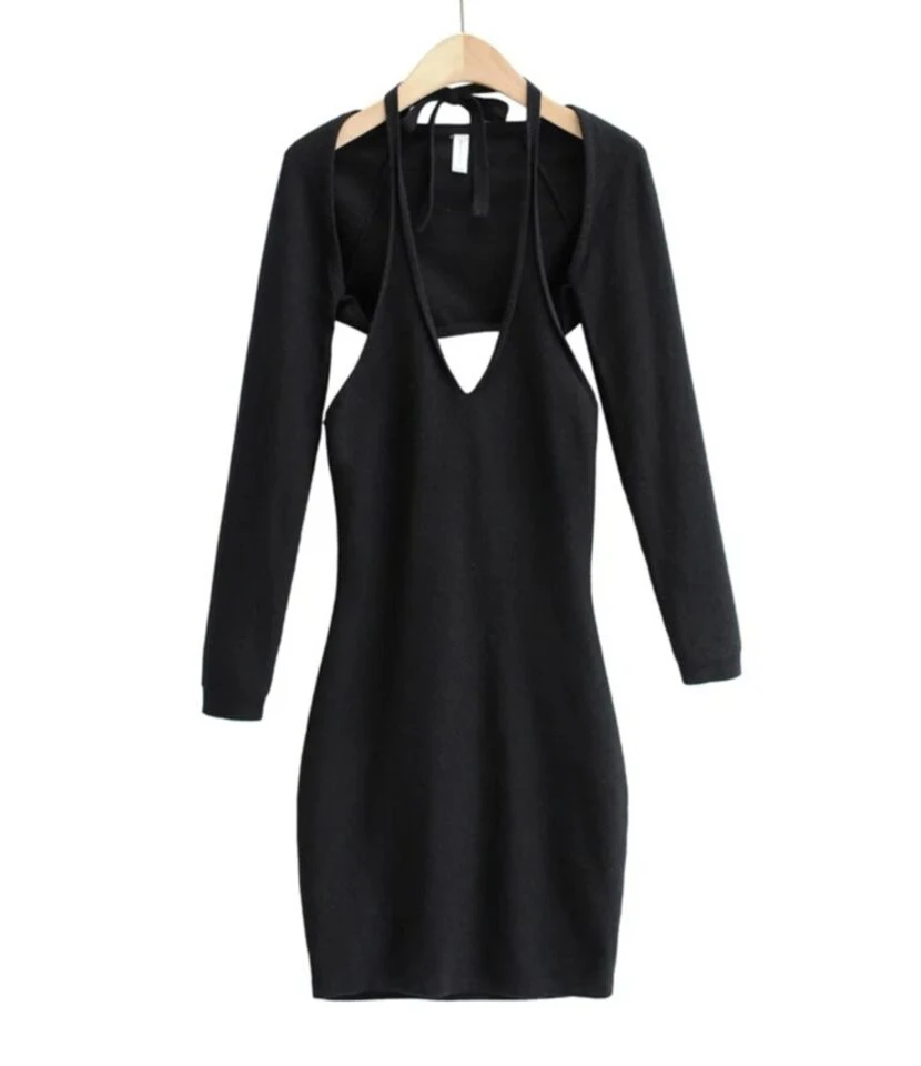 Two Pieces Jersey Set Crop Cardigan With Backless Halter Dress 6 Two Pieces Jersey Set Crop Cardigan With Backless Halter Dress - Image 4