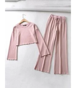 Two-piece Lettuce Trim Crop Top & Bell Pants Outfit -NIKA Clothing Shop 210225258 4