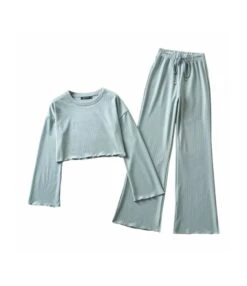 Two-piece Lettuce Trim Crop Top & Bell Pants Outfit -NIKA Clothing Shop 210225258 6