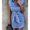 Curvy Fringe Hem Belted Denim Tank Dress -NIKA Clothing Shop 210308685 1