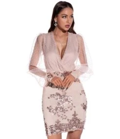 Mesh Sleeve V-neck Sequins Stitch Party Dress -NIKA Clothing Shop 210330099 1