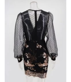 Mesh Sleeve V-neck Sequins Stitch Party Dress -NIKA Clothing Shop 210330099 5