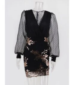 Mesh Sleeve V-neck Sequins Stitch Party Dress -NIKA Clothing Shop 210330099 7