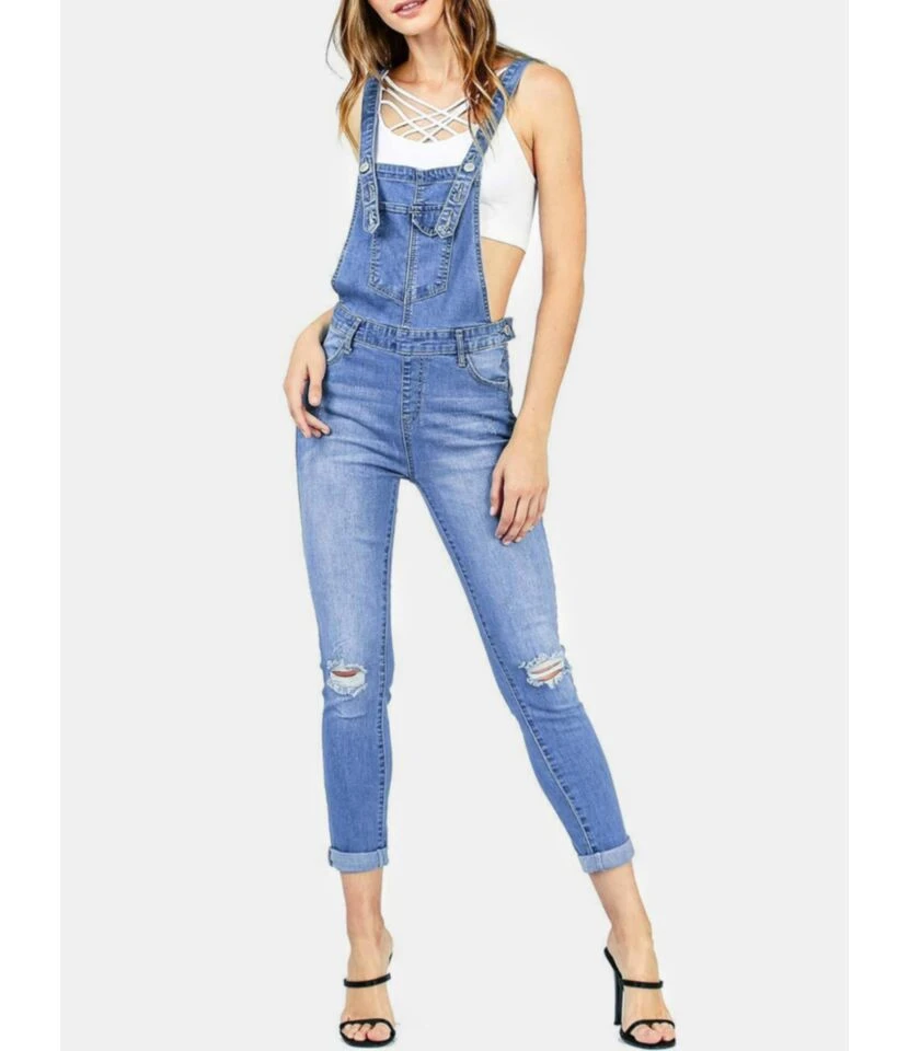 Rolled Hem Ripped Distressed Denim Bib Overalls 3 Rolled Hem Ripped Distressed Denim Bib Overalls