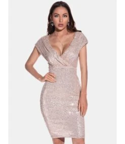 Deep V-neck Partywear Bodycon Sequins Dress