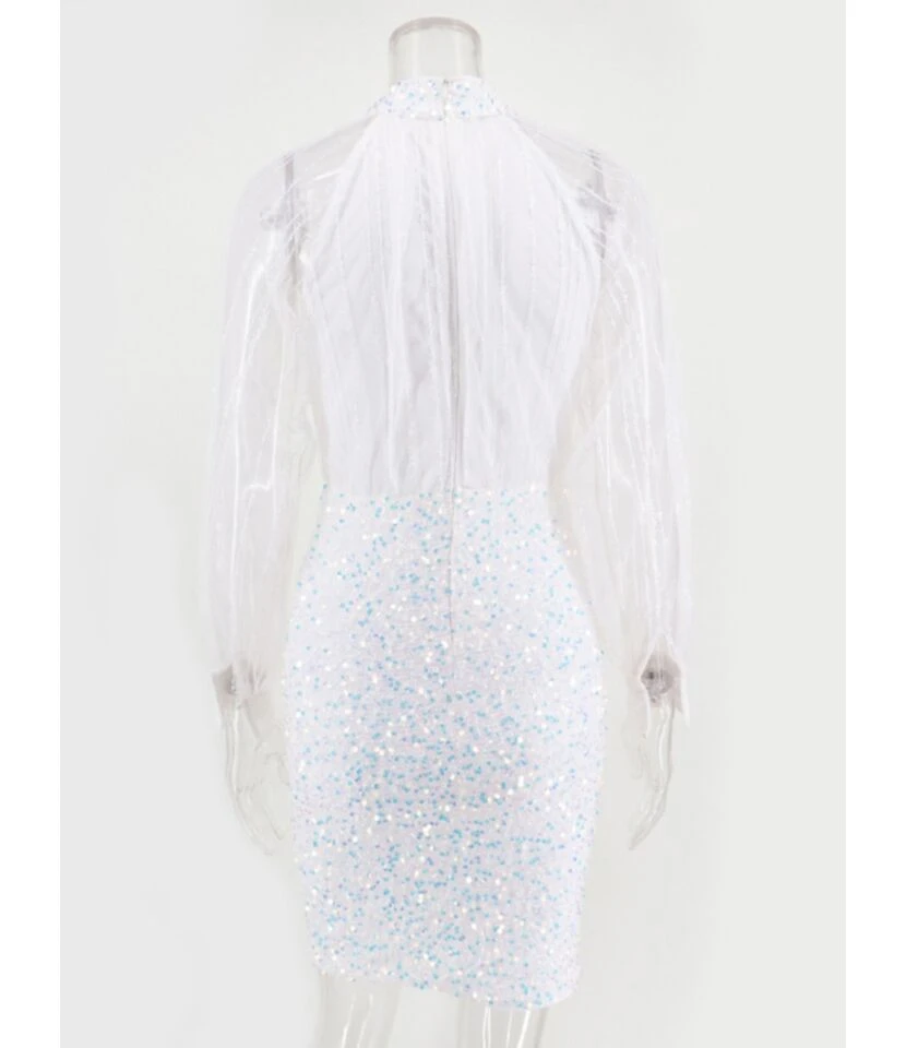 Mock Neck Mesh Patchwork Sequins Party Dress 9 Mock Neck Mesh Patchwork Sequins Party Dress - Image 7