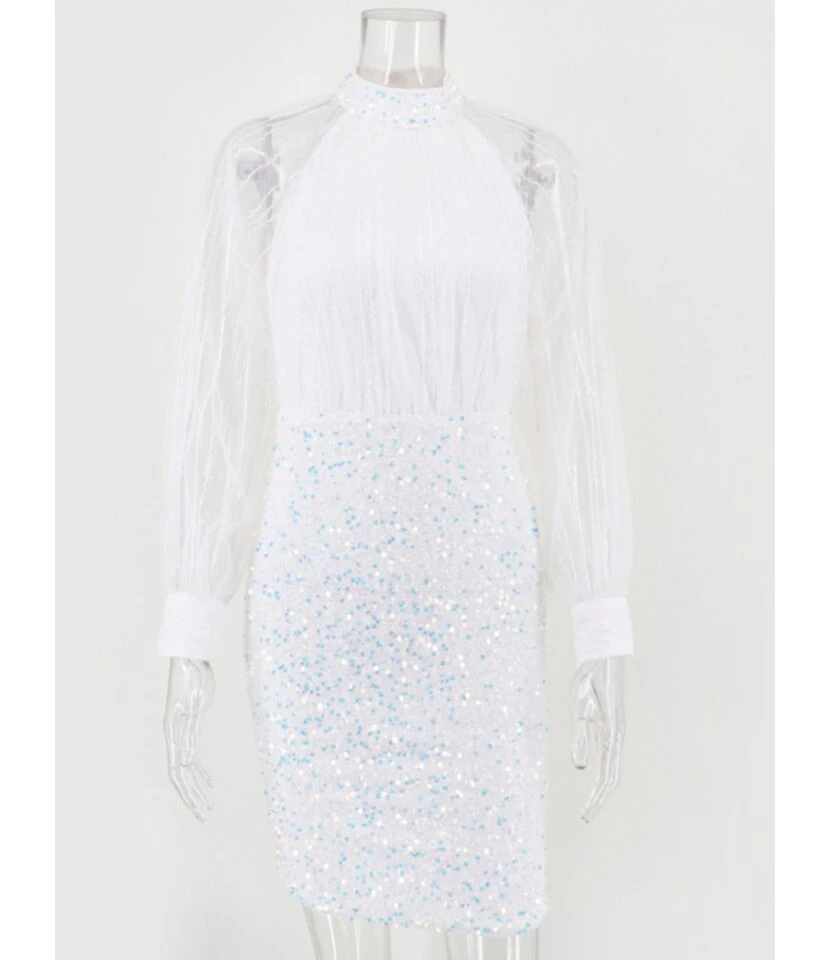 Mock Neck Mesh Patchwork Sequins Party Dress 7 Mock Neck Mesh Patchwork Sequins Party Dress - Image 5