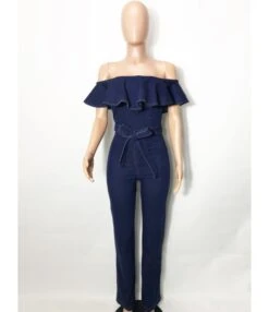 Off Shoulder Ruffle Trim Zipper Back Belted Denim Jumpsuit -NIKA Clothing Shop 210401203 2