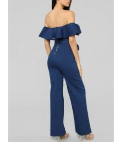 Off Shoulder Ruffle Trim Zipper Back Belted Denim Jumpsuit -NIKA Clothing Shop 210401203 3