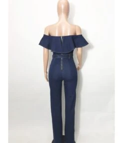 Off Shoulder Ruffle Trim Zipper Back Belted Denim Jumpsuit -NIKA Clothing Shop 210401203 4