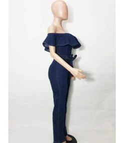 Off Shoulder Ruffle Trim Zipper Back Belted Denim Jumpsuit -NIKA Clothing Shop 210401203 5
