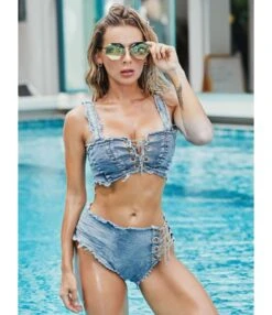 Two Piece Chain Lace-up Denim Bikini Swimsuit Bra With Shorts
