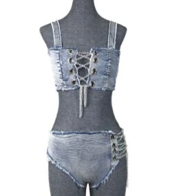 Two Piece Chain Lace-up Denim Bikini Swimsuit Bra With Shorts -NIKA Clothing Shop 210406318 2
