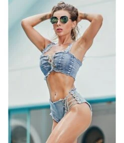 Two Piece Chain Lace-up Denim Bikini Swimsuit Bra With Shorts -NIKA Clothing Shop 210406318 4