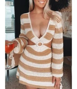 V-neck Cutout Stripe Knitted Beach Dress