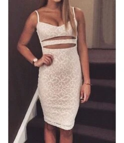 Pure Color Hollow Embroidery Mesh Lace Sling Bodycon Dress