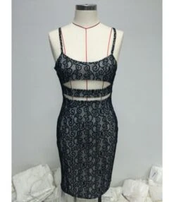 Pure Color Hollow Embroidery Mesh Lace Sling Bodycon Dress -NIKA Clothing Shop 210510280 5