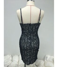 Pure Color Hollow Embroidery Mesh Lace Sling Bodycon Dress -NIKA Clothing Shop 210510280 6