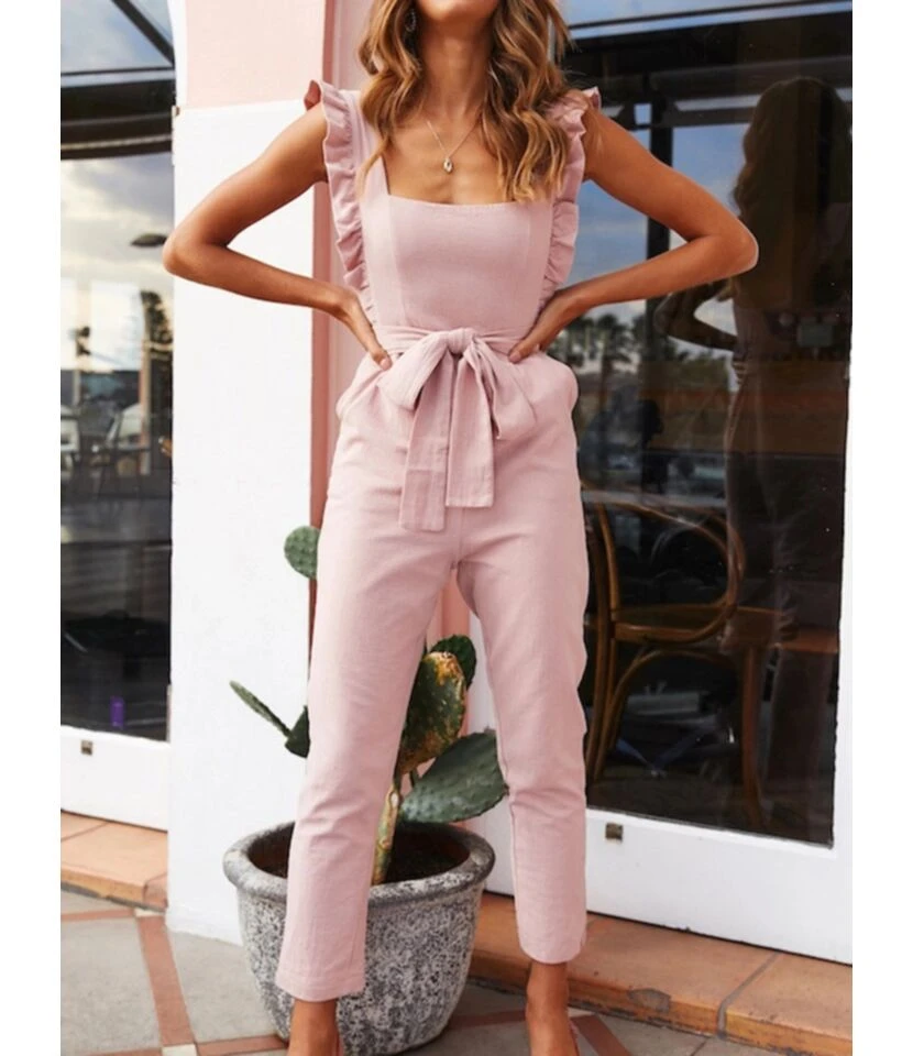 Fungus Trim Solid Color Jumpsuit With Belt 3 Fungus Trim Solid Color Jumpsuit With Belt