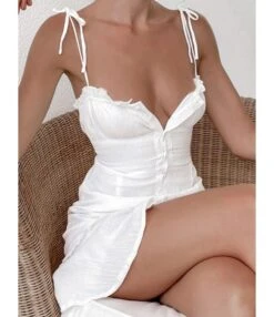 Tie Shoulder Ruffle Trim Single-breasted White Cami Dress 210524066 -NIKA Clothing Shop 210524066 10