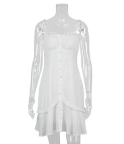 Tie Shoulder Ruffle Trim Single-breasted White Cami Dress 210524066 -NIKA Clothing Shop 210524066 3