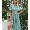 Flare Sleeve Drawstring Waist Lace-up Pleated Dress 210524249 -NIKA Clothing Shop 210524249 cyan