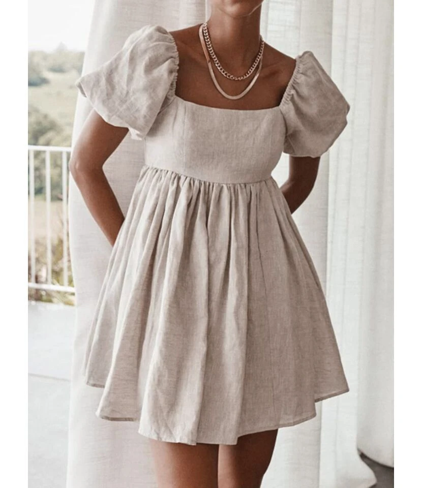 Square Collar Puffed Sleeves Plain Color Linen A-line Dress 210524703 3 Square Collar Puffed Sleeves Plain Color Linen A-line Dress 210524703