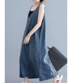 Oversize V-collar Solid Color Hem Split Pocket Denim Tank Dress 210528233 -NIKA Clothing Shop 210528233 2