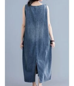 Oversize V-collar Solid Color Hem Split Pocket Denim Tank Dress 210528233 -NIKA Clothing Shop 210528233 3